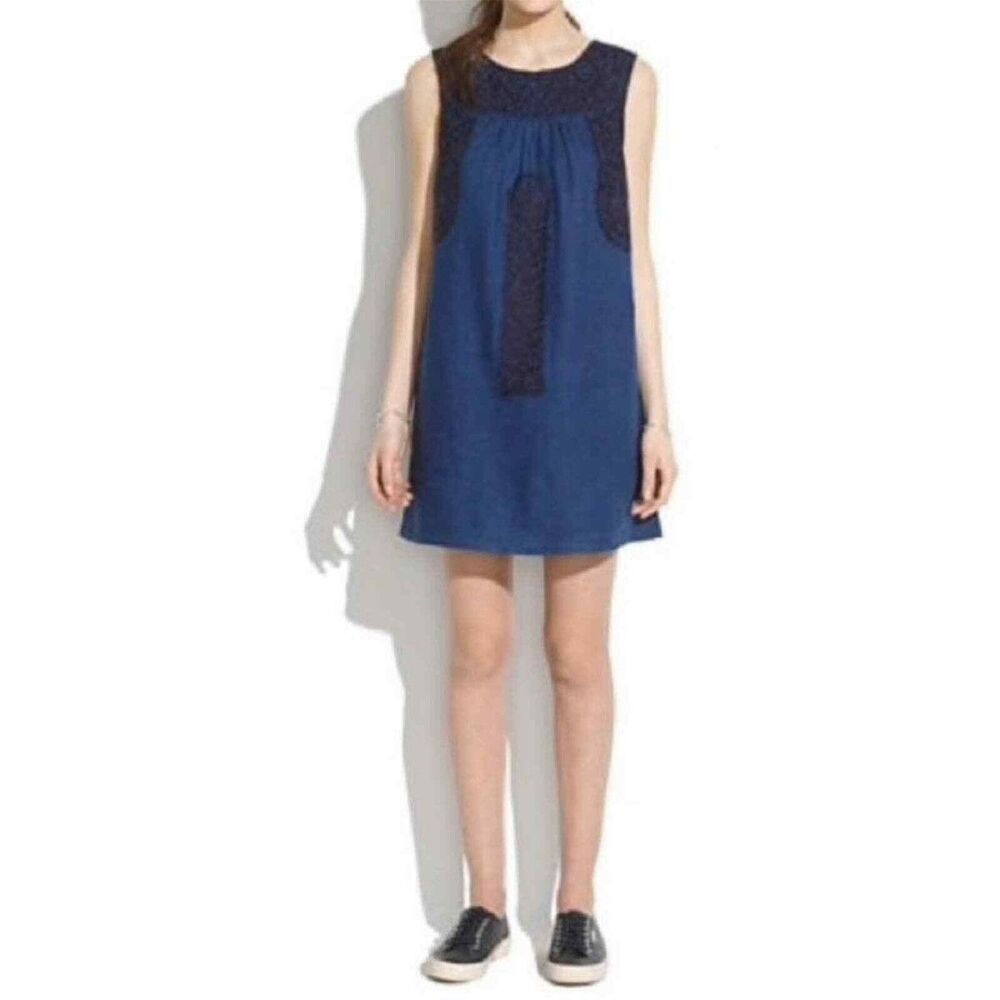 Madewell Linen Embroidered Sleeveless Shift Mini Dress Womens Small Blue Pockets